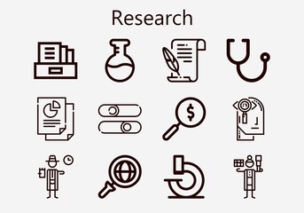 Premium set of research [S] icons. Simple research icon pack. Stroke vector illustration on a white background. Modern outline style icons collection of Microscope, Literature, Sliders, Stethoscope