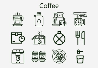 Premium set of coffee [S] icons. Simple coffee icon pack. Stroke vector illustration on a white background. Modern outline style icons collection of Shuizhu, Canteen, Restaurant, Breakfast, Roast