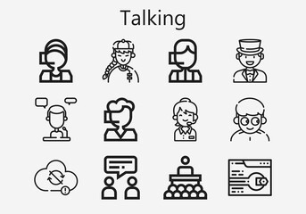 Premium set of talking [S] icons. Simple talking icon pack. Stroke vector illustration on a white background. Modern outline style icons collection of Call center, Support, Man, Talk, Sync