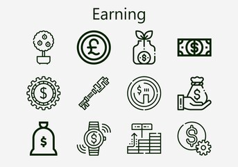 Premium set of earning [S] icons. Simple earning icon pack. Stroke vector illustration on a white background. Modern outline style icons collection of Money tree, Dollar, Pound, Investment, Money bag