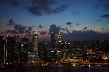 Fototapeta na wymiar Aerial view of Skyscraper and Marina Bay area at night in Singapore - シンガポール マリーナベイ エリア 夜景