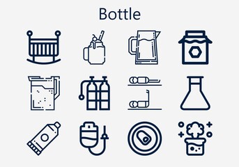 Premium set of bottle [S] icons. Simple bottle icon pack. Stroke vector illustration on a white background. Modern outline style icons collection of Can, Chemical reaction, Glue, Jam, Crib