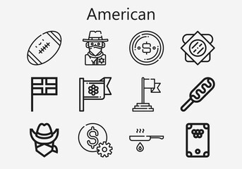 Premium set of american [S] icons. Simple american icon pack. Stroke vector illustration on a white background. Modern outline style icons collection of Sandwich, Fried, Dollar, Hot dog, Cowboy