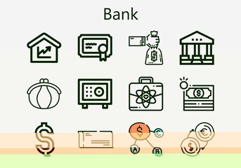 Premium set of bank [S] icons. Simple bank icon pack. Stroke vector illustration on a white background. Modern outline style icons collection of Money, Courthouse, Purse, Dollar, Safebox, Amount