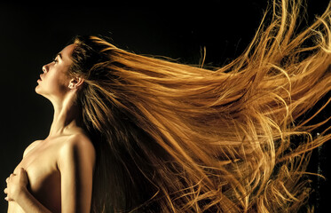 Hairdresser concept. Woman with very long hair. Beauty hair salon. Haircare and shampoo. Portrait...
