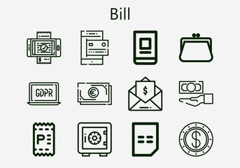 Premium set of bill [S] icons. Simple bill icon pack. Stroke vector illustration on a white background. Modern outline style icons collection of Purse, Online banking, Invoice, Dollar, Safe deposit