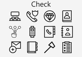Premium set of check [S] icons. Simple check icon pack. Stroke vector illustration on a white background. Modern outline style icons collection of Add, Payment, Choice, Reflex hammer, Report