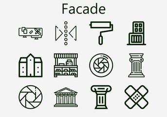 Premium set of facade [S] icons. Simple facade icon pack. Stroke vector illustration on a white background. Modern outline style icons collection of Pantheon, Shopping center, Column, Balcony