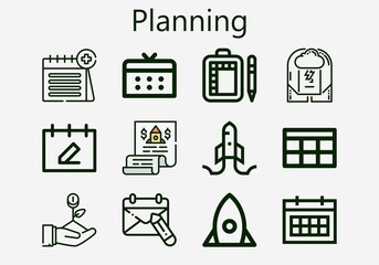 Premium set of planning [S] icons. Simple planning icon pack. Stroke vector illustration on a white background. Modern outline style icons collection of Calendar, Schedule, Brainstorm, Startup