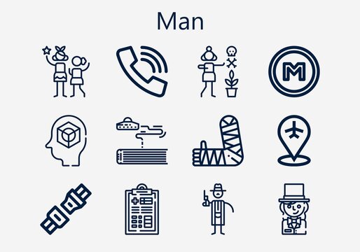 Premium set of man [S] icons. Simple man icon pack. Stroke vector illustration on a white background. Modern outline style icons collection of Seat belt, Call, Placeholder, Medical history, Metro