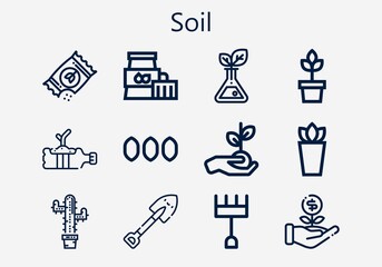 Premium set of soil [S] icons. Simple soil icon pack. Stroke vector illustration on a white background. Modern outline style icons collection of Plant, Seeds, Shovel, Sprout, Plants, Rake