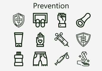 Premium set of prevention [S] icons. Simple prevention icon pack. Stroke vector illustration on a white background. Modern outline style icons collection of Doormat, Mouthwash, Shield, Syringe