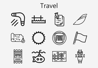 Premium set of travel icons. Simple travel icon pack. Stroke vector illustration on a white background. Modern outline style icons collection of Bus ticket, Landscape, Pier, Pinned, Fiat