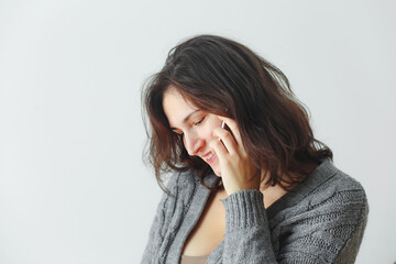 Portrait of smiling business woman phone talking, using mobile phone