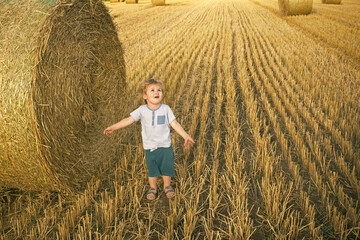 Naklejka na ściany i meble Happy child on field with bales harvest. Kid in a field with haystack. A healthy happy child in harmony with nature.
