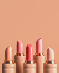 five lipstick random color on cream background, minimal cosmetic background for ads branding and product presentation. 3d rendering