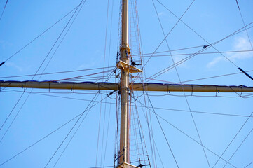 Masts and rigging of a sailing ship against sky