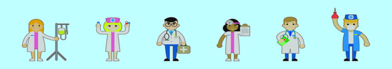 set of doctor cartoon icon design template with various models. vector illustration isolated on blue background