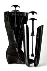 Plastic shoe lasts for high boots on a white background.