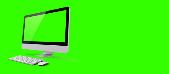 Mockup image of White desktop pc with blank green  screen on green background. suitable for your design element.