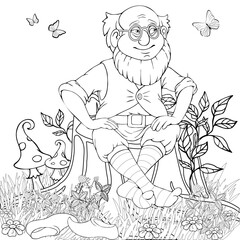 Fototapeta premium A Cheerful man sits on a tree stump. Coloring book. Children's illustration.