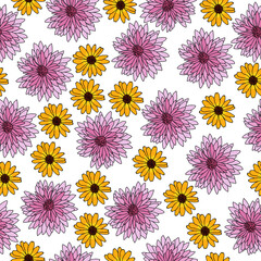 Seamless pattern of pink and orange flowers and small petals, floral bloom on a white background