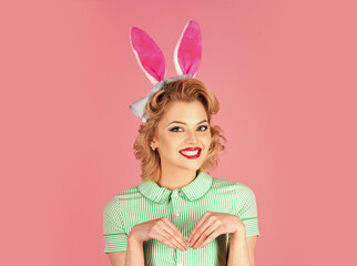 Easter pinup woman, girl in rabbit ears. Funny easter concept.