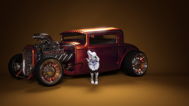Image robot poses with the retro car. Portrait, fantasy picture with artificial intelligence for poster, wallpaper, background. 3d rendering, 3d illustration.