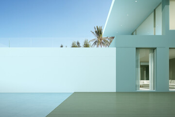 Perspective of modern luxury house with wood deck and large white wall, Exterior. 3d rendering.