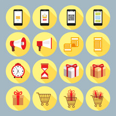 Shop icons set in flat style. Watch, smartphone, online payment, check, gift, discounts, promotions, sale.