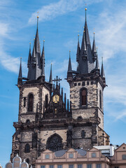 Fototapeta na wymiar Church of Our Lady before Tyn Spires, Exterior of a Gothic Building in the Old Town of Prague, Czech Republic