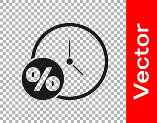 Black Clock and percent icon isolated on transparent background. Vector Illustration.