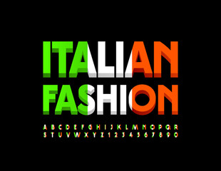 Fototapeta na wymiar Vector elegant sign Italian Fashion. Bright Alphabet Letters and Numbers set. Italy flag Font