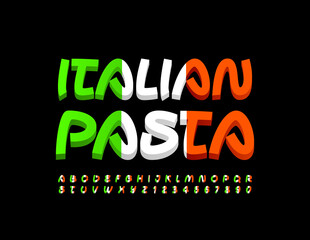 Vector bright sign Italian Pasta. Creative modern Font. Alphabet Letters and Numbers with Italy flag