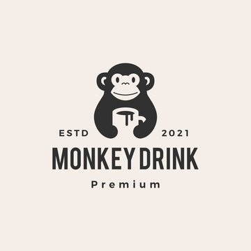 monkey mug drink coffee hipster vintage logo vector icon illustration