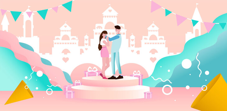 Valentine's day concept Couple on color peach background with castle building, web design, banner, invitation card, valentine and happy new year © Thanaphat