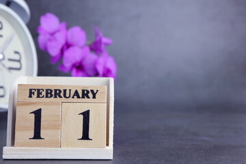 Day 11 of february month, Wooden calendar with date. Empty space for text.