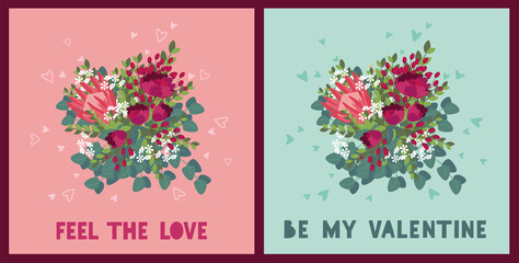 Print with a bouquet and a message. Set Valentine's Day greeting cards. Be my valentine. Feel the love. Invitation, greeting card, avatar in social networks. Seamless flowers pattern. 14 February.