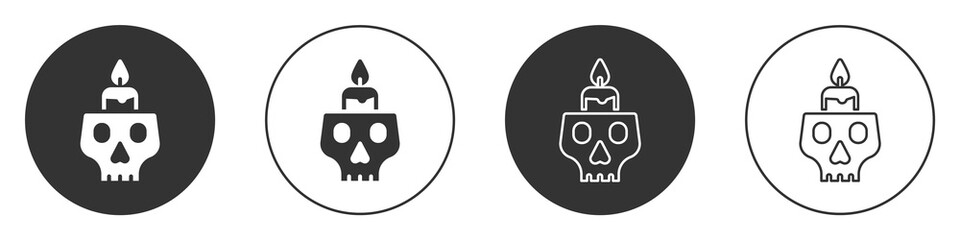 Black Burning candle on a skull icon isolated on white background. Day of dead. Circle button. Vector.
