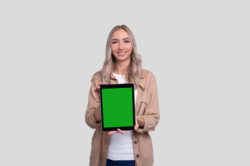 Girl Showing Tablet Green Screen Standing Isolated. Commecial, Shpping, Advertisment Concept