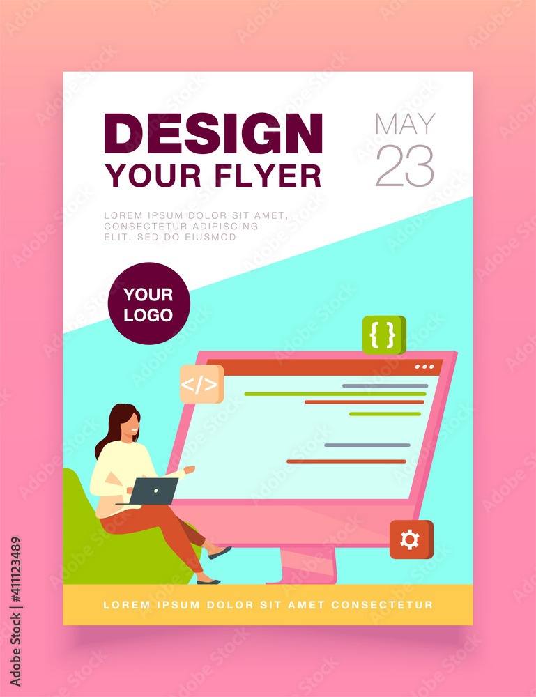 Poster young tiny girl sitting and coding via laptop. computer, programmer, code flat vector illustration. 