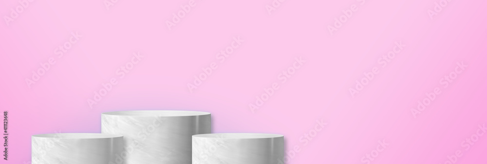 Poster product display glossy white marble cylinder stand winner podium in three step with pastel pink wall
