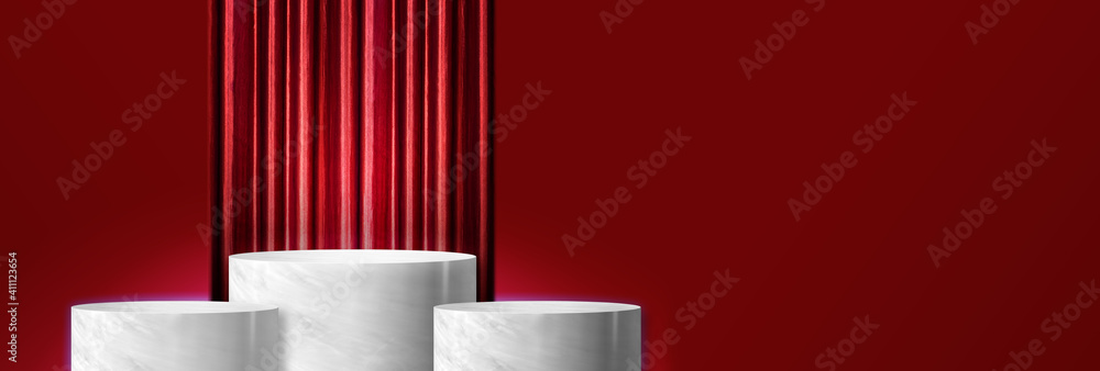 Poster Product display glossy white marble cylinder stand winner podium in three step with red curtain and red wall background.Banner mockup space for display of product design.3d rendering