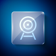 White Target with arrow icon isolated on blue background. Dart board sign. Archery board icon. Dartboard sign. Business goal concept. Square glass panels. Vector.