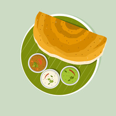 South Indian breakfast dish 'Dosa with Sambar and Chutney' on banana leaf