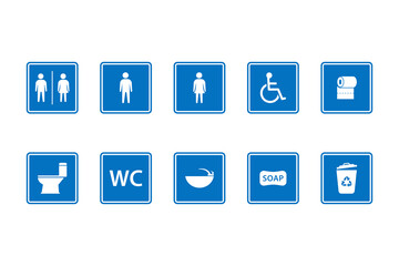 toilet sign vector icons set. boy or girl restroom wc. sink, tissue, wheel chair vector Illustration.