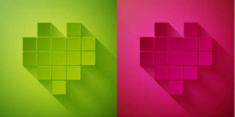 Paper cut Pixel hearts for game icon isolated on green and pink background. Paper art style. Vector.
