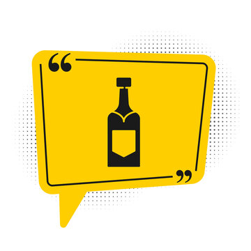 Black Champagne bottle icon isolated on white background. Yellow speech bubble symbol. Vector.