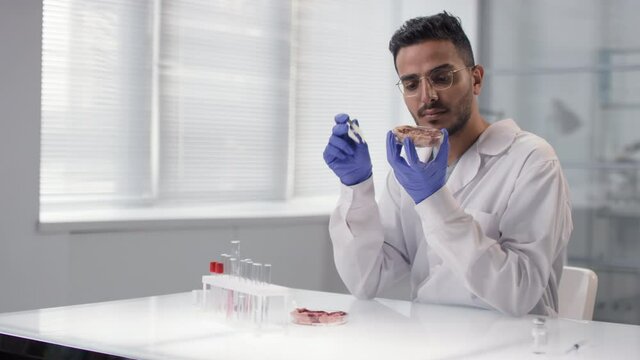 Medium shot of young male scientist examining and comparing artificial cultured and regular meat samples in laboratory