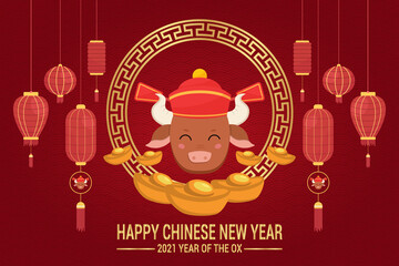 2021 Chinese New Year greeting card Zodiac sign. Year of the OX. Golden and red ornament. Concept for holiday banner template.